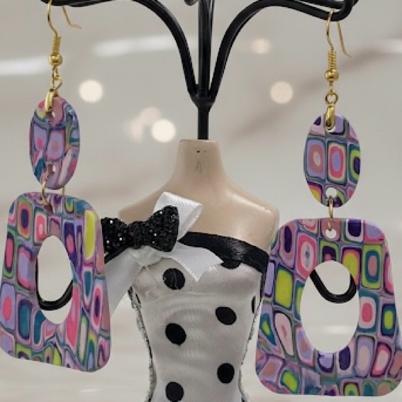 Handmade Geometric Dangle Earrings –Bold, Artsy, Handmade Polymer Clay Host Pick - Picture 3 of 15